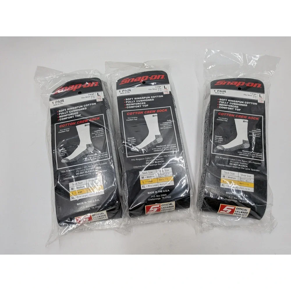 Snap-on Tools Mens Cotton Crew Socks 3 Pair Bundle Gray Cushioned Work Socks L